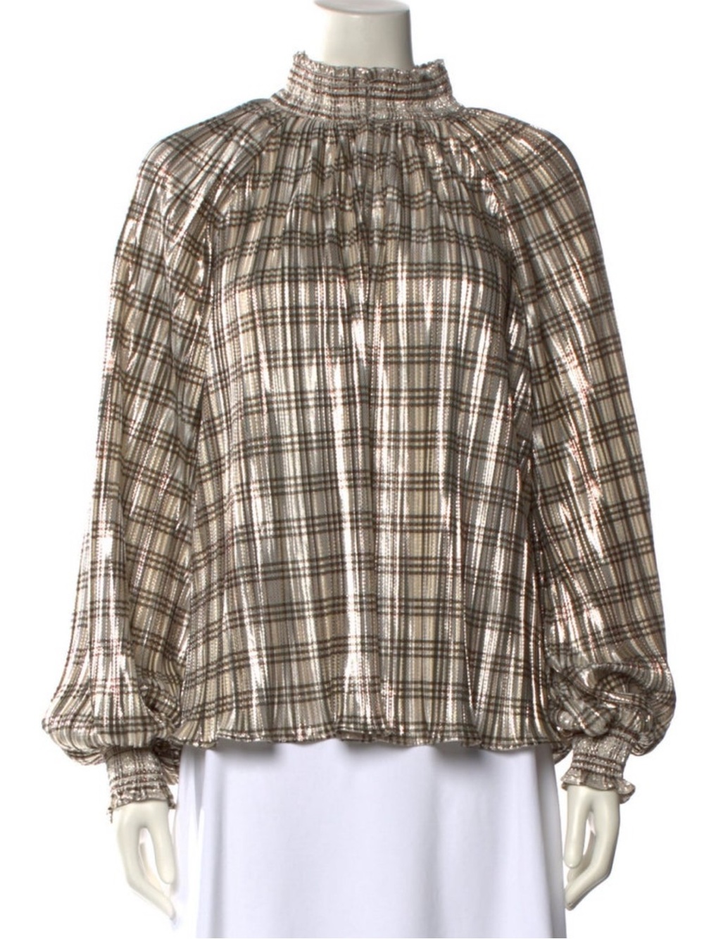 Ramy Brook Plaid Mock Neck Blouse in Cream and Brown Tones